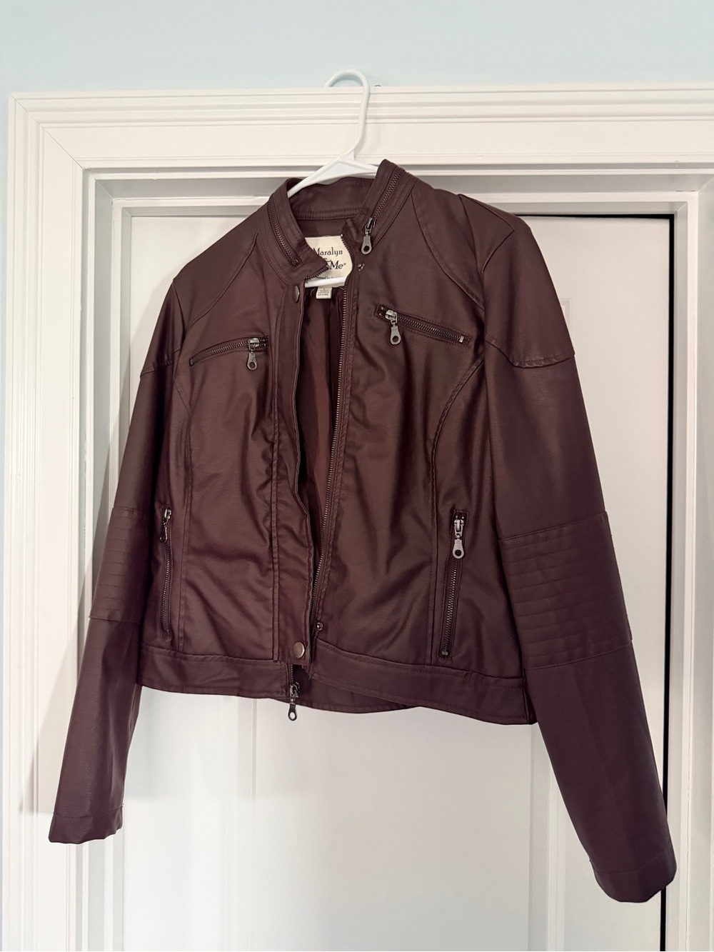 Maralyn & Me Chic Wine Faux Leather Moto Bomber Jacket | L